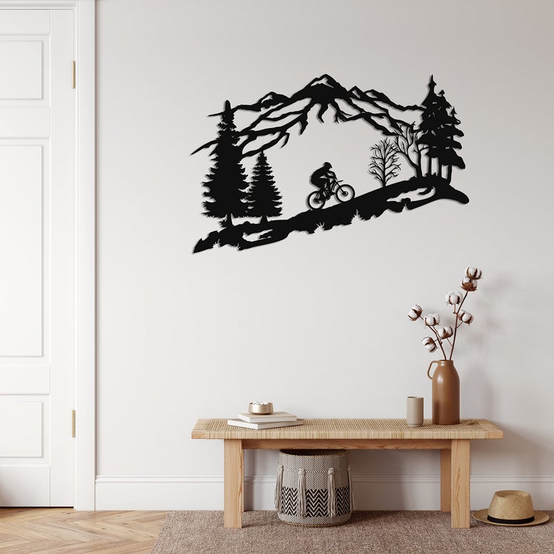DEKADRON Metal Biker Wall Art, Mountain Tree and Cyclist Themed Wall Art, Metal Wall Decor, Bicycle Lover Gift, Home Decoration, Wall Hangings (24" W x 15" H / 60x38 cm) - Image 2